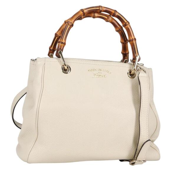 GUCCI Bamboo Hand Bag Leather White Gold - Picture 1 of 16